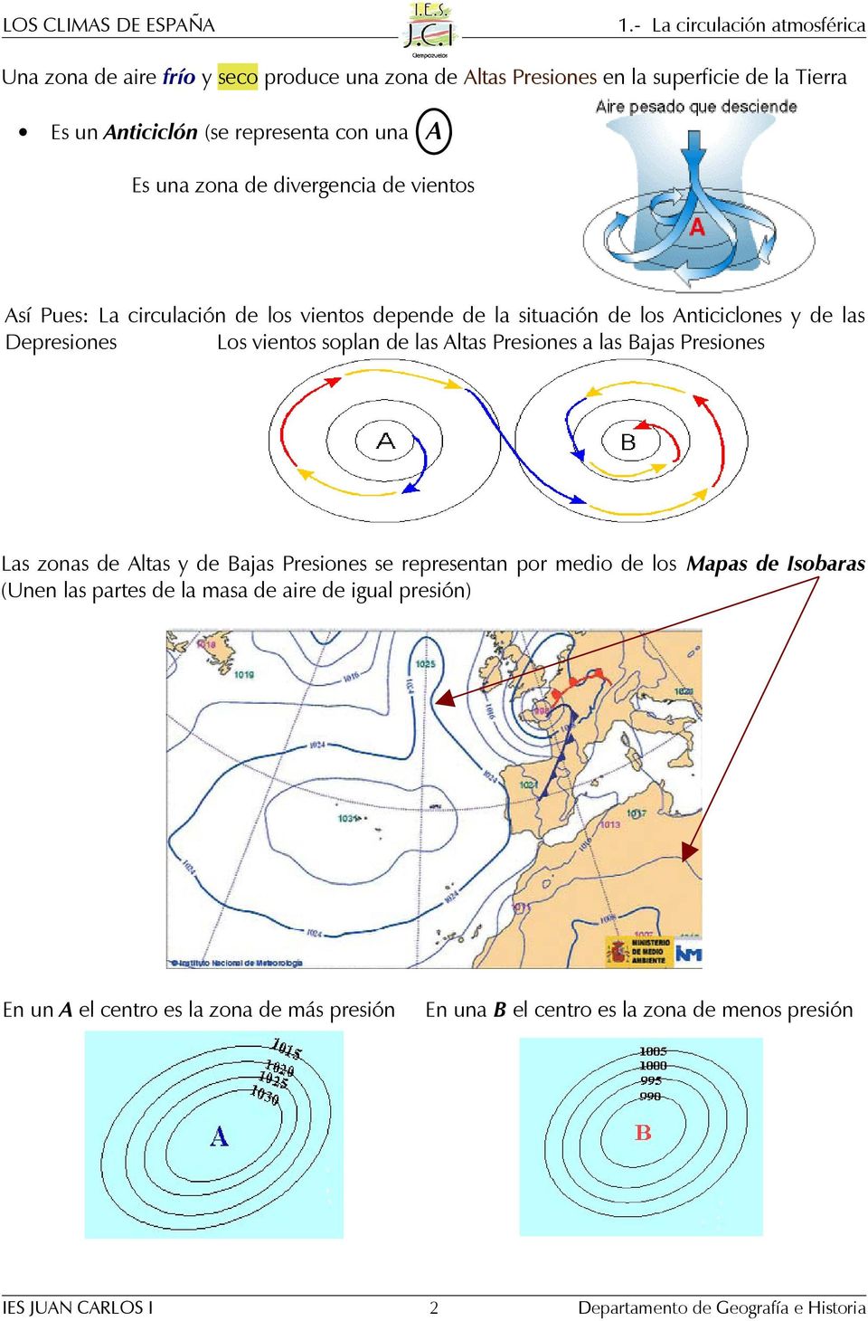 Presiones a las Bajas Presiones Las zonas de Altas y de Bajas Presiones se representan por medio de los Mapas de Isobaras (Unen las partes de la masa de aire