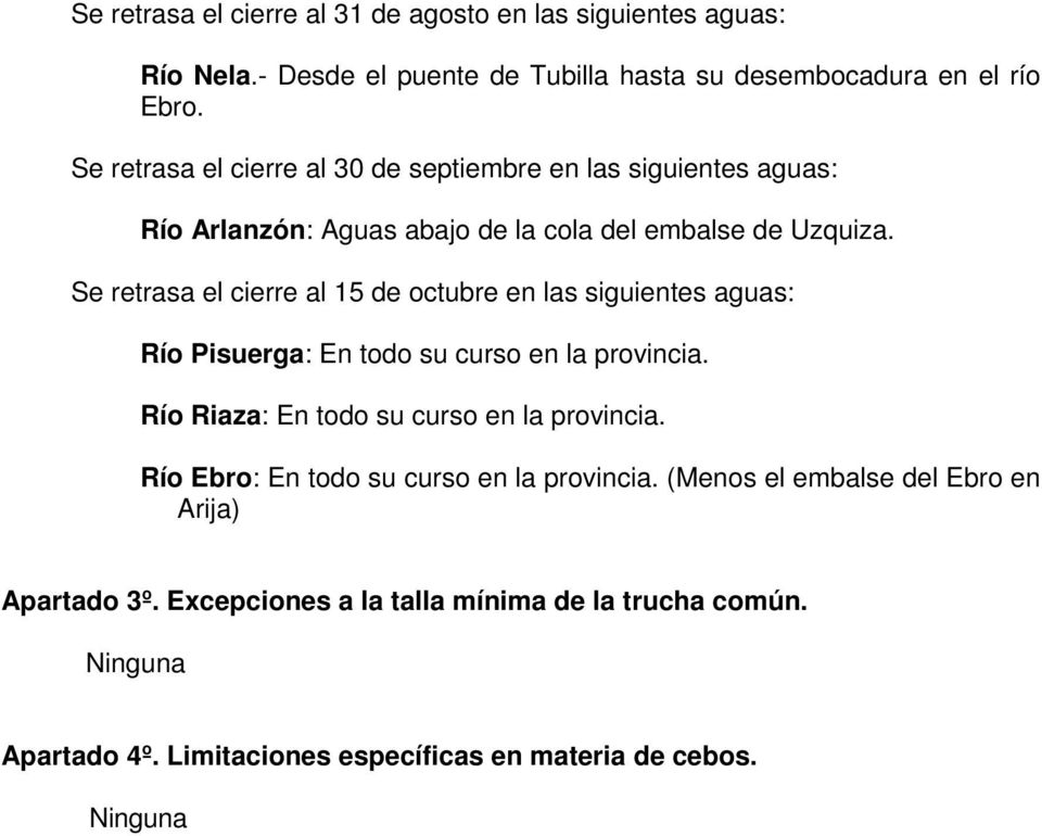 Se retrasa el cierre al 15 de octubre en las siguientes aguas: Río Pisuerga: En todo su curso en la provincia. Río Riaza: En todo su curso en la provincia.
