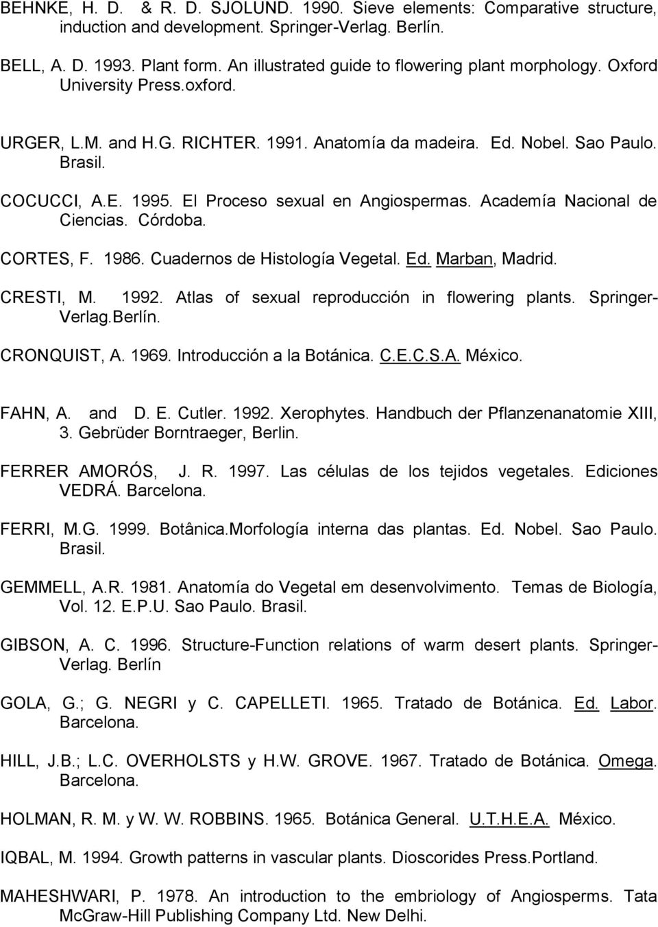 El Proceso sexual en Angiospermas. Academía Nacional de Ciencias. Córdoba. CORTES, F. 1986. Cuadernos de Histología Vegetal. Ed. Marban, Madrid. CRESTI, M. 1992.