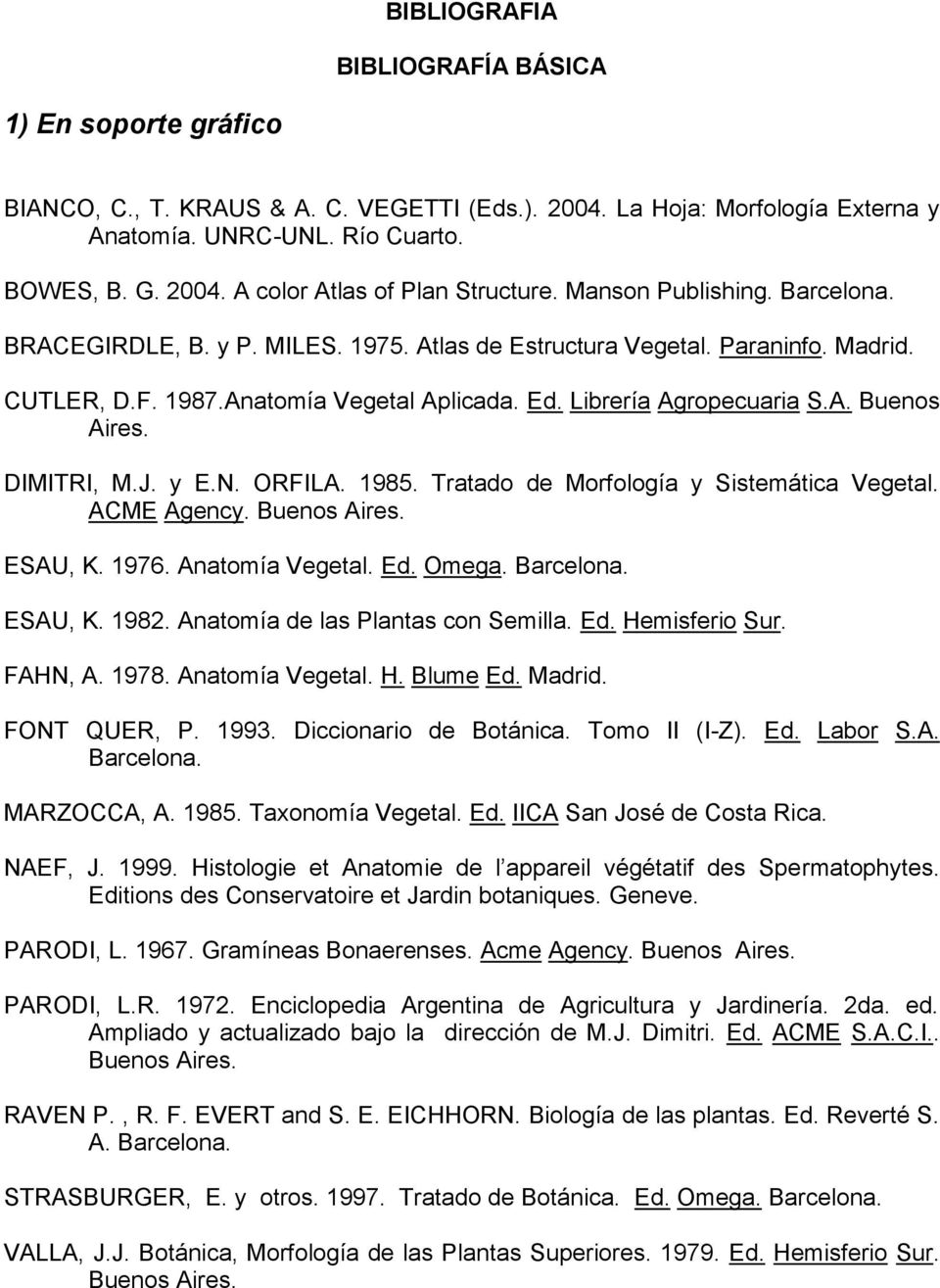 DIMITRI, M.J. y E.N. ORFILA. 1985. Tratado de Morfología y Sistemática Vegetal. ACME Agency. Buenos Aires. ESAU, K. 1976. Anatomía Vegetal. Ed. Omega. Barcelona. ESAU, K. 1982.