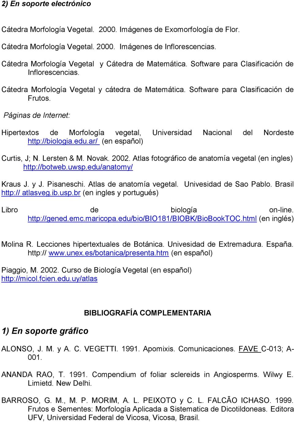 Páginas de Internet: Hipertextos de Morfología vegetal, Universidad Nacional del Nordeste http://biologia.edu.ar/ (en español) Curtis, J; N. Lersten & M. Novak. 2002.