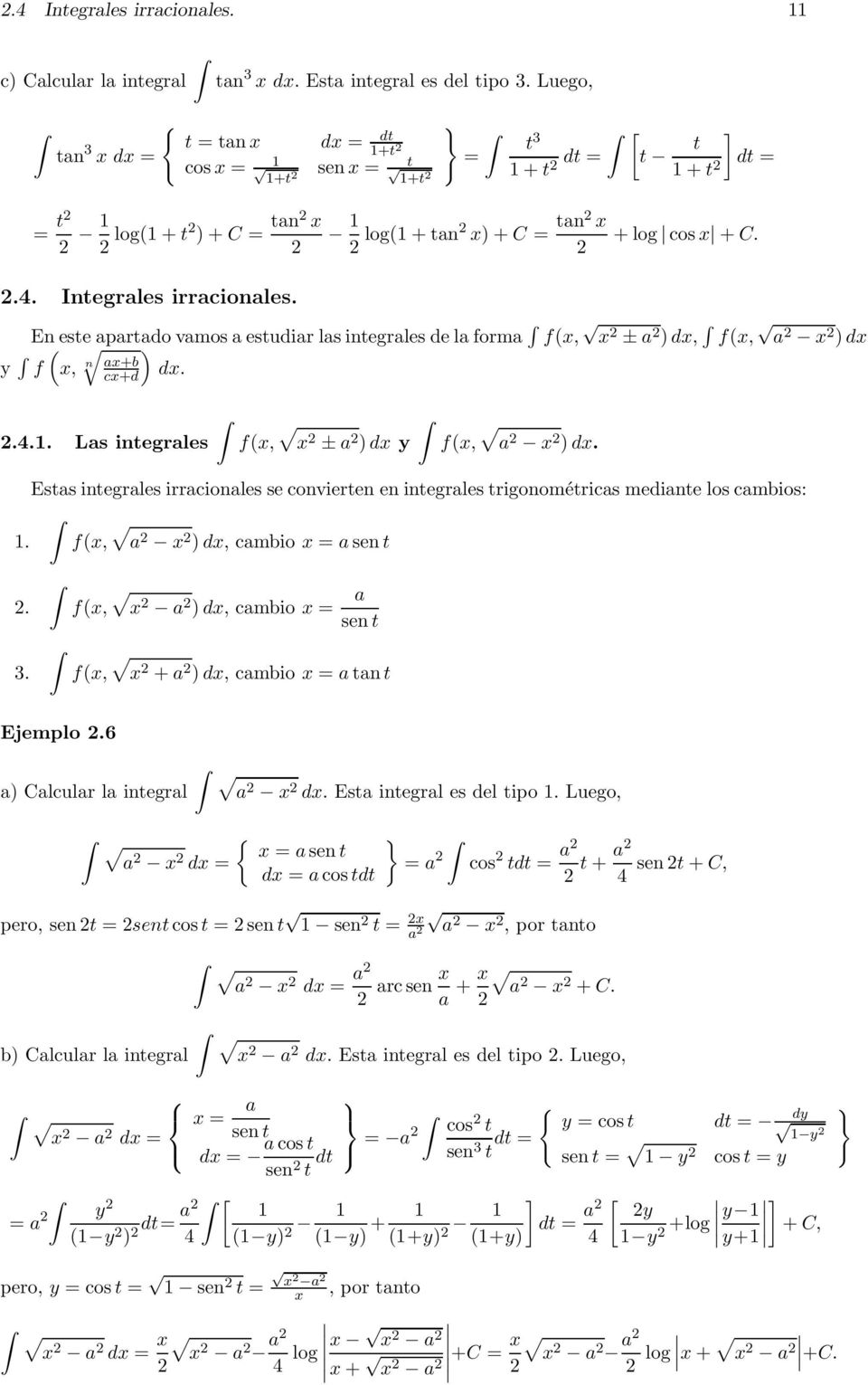 Ests integrles irrcionles se convierten en integrles trigonométrics medinte los cmbios:. f(, ) d, cmbio sen t. 3. f(, ) d, cmbio sen t f(, + ) d, cmbio tn t Ejemplo.6 ) Clculr l integrl d.
