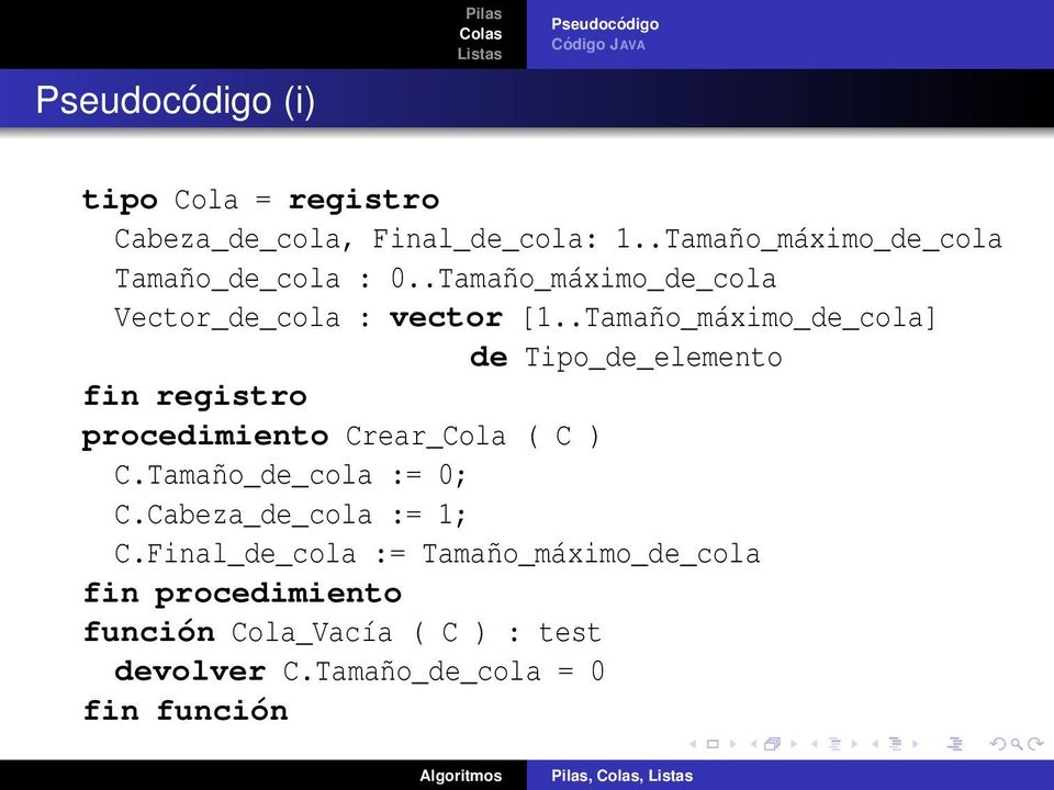 .Tamaño_máximo_de_cola] de Tipo_de_elemento fin registro procedimiento Crear_Cola ( C ) C.