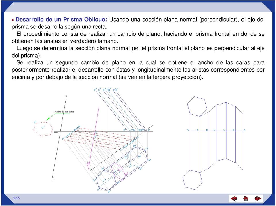 Luego se determina la sección plana normal (en el prisma frontal el plano es perpendicular al eje del prisma).