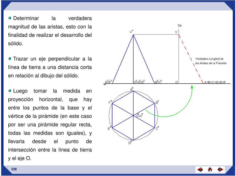 Luego tomar la medida en proyección horizontal, que hay entre los puntos de la base y el vértice de la pirámide (en este