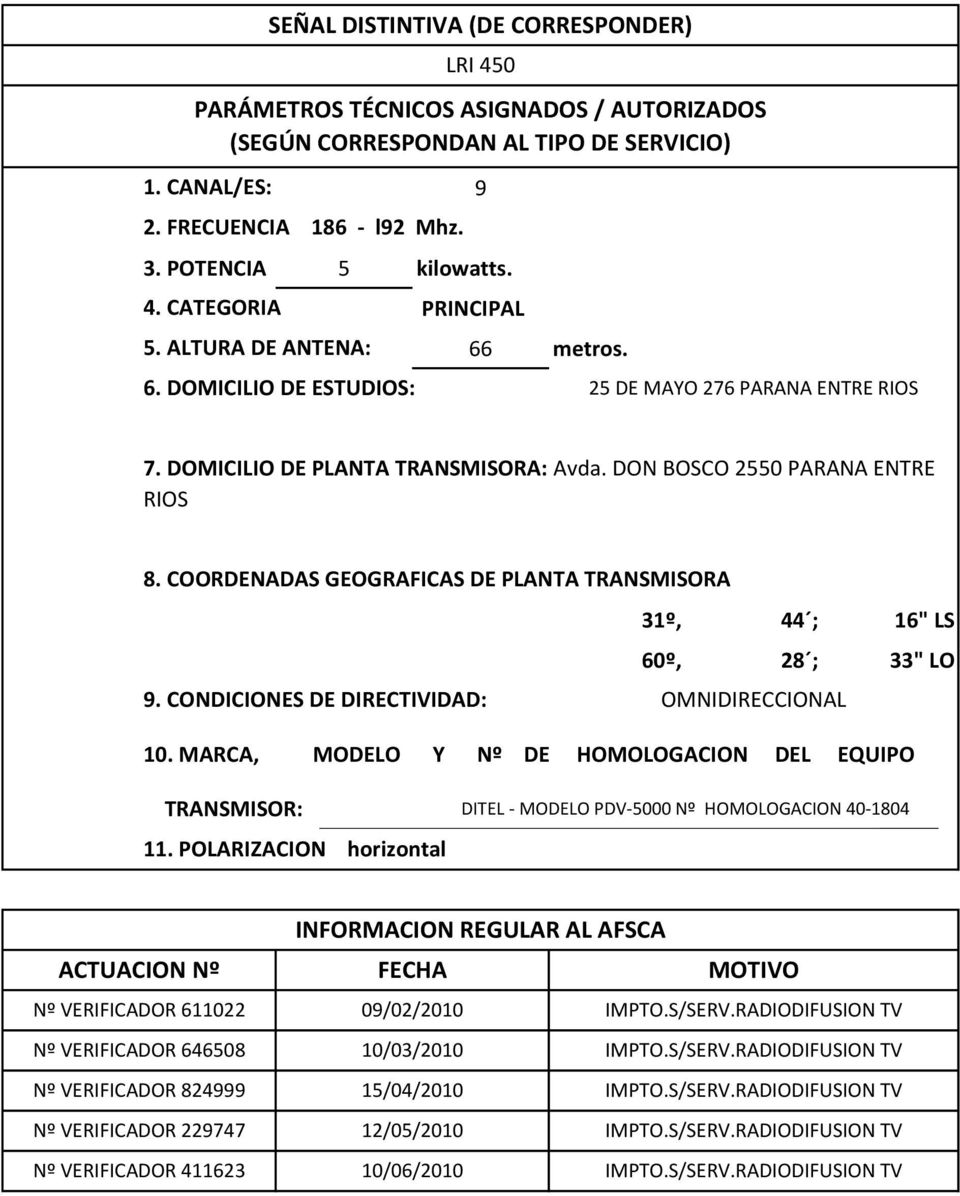 COORDENADAS GEOGRAFICAS DE PLANTA TRANSMISORA 31º, 44 ; 16" LS 60º, 28 ; 33" LO 9. CONDICIONES DE DIRECTIVIDAD: OMNIDIRECCIONAL 10.