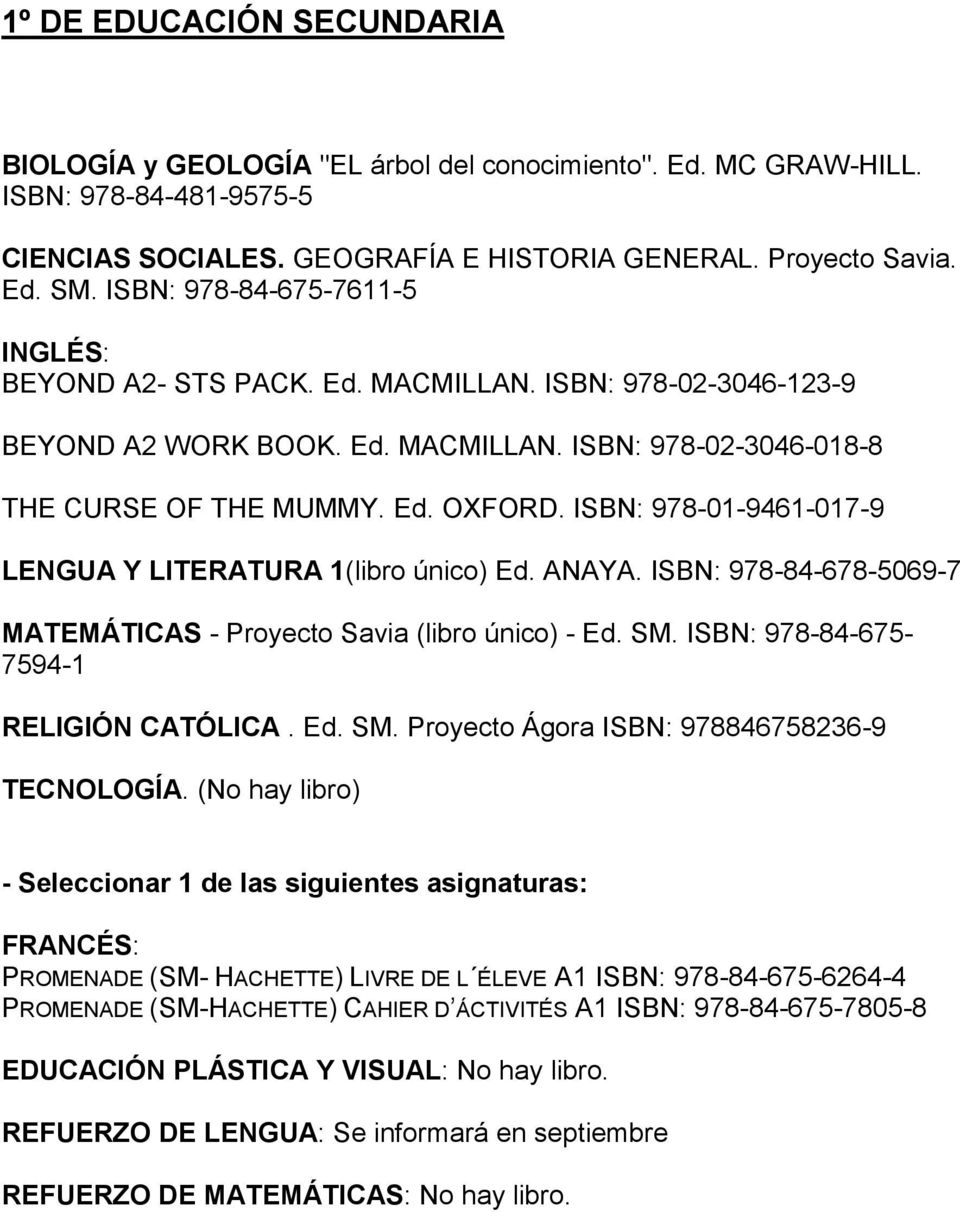 ISBN: 978-01-9461-017-9 LENGUA Y LITERATURA 1(libro único) Ed. ANAYA. ISBN: 978-84-678-5069-7 MATEMÁTICAS - Proyecto Savia (libro único) - Ed. SM. ISBN: 978-84-675-7594-1 RELIGIÓN CATÓLICA. Ed. SM. Proyecto Ágora ISBN: 978846758236-9 TECNOLOGÍA.
