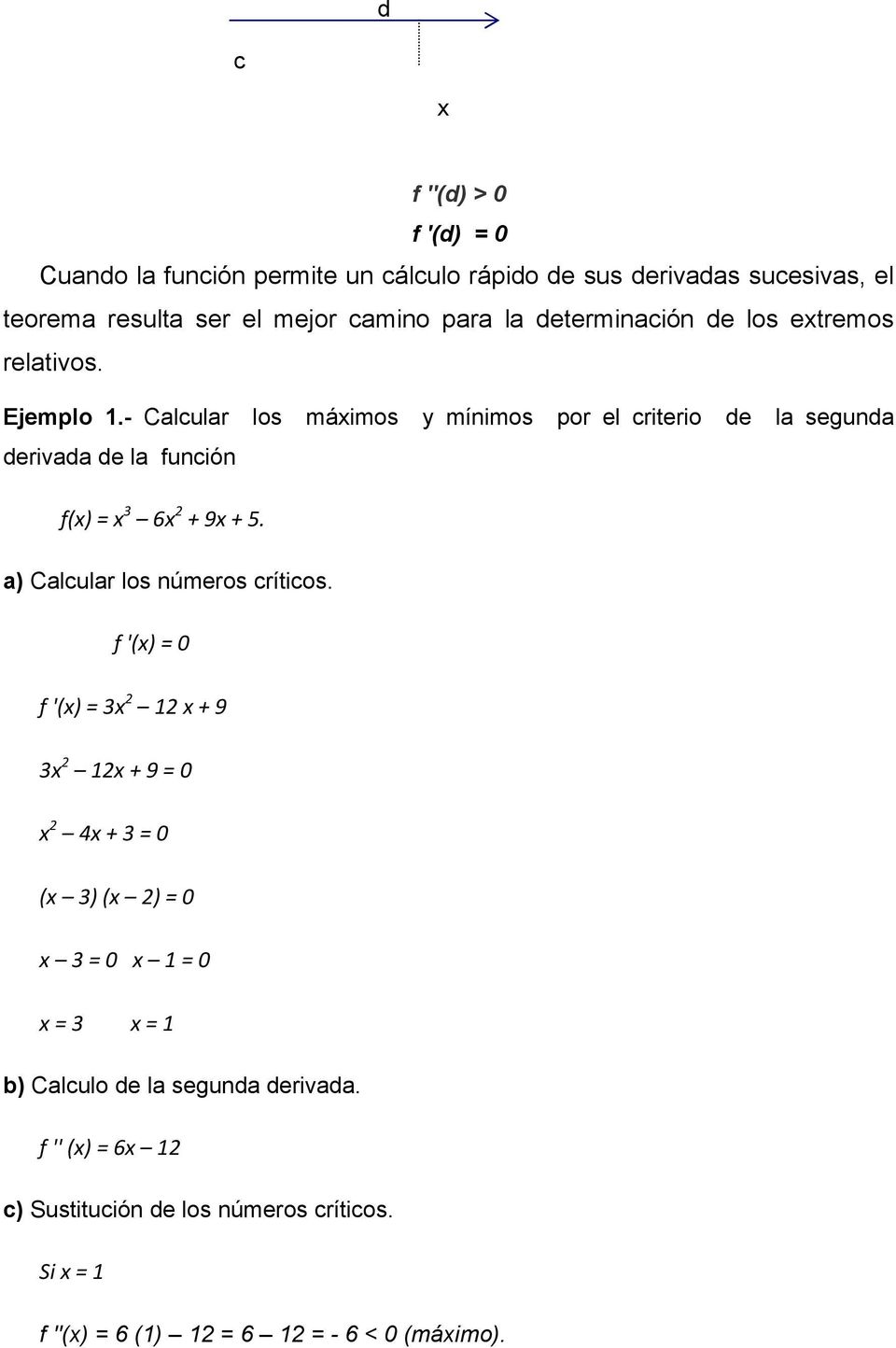 - Calcular los máximos y mínimos por el criterio de la segunda derivada de la función f(x) = x 3 6x 2 + 9x + 5. a) Calcular los números críticos.