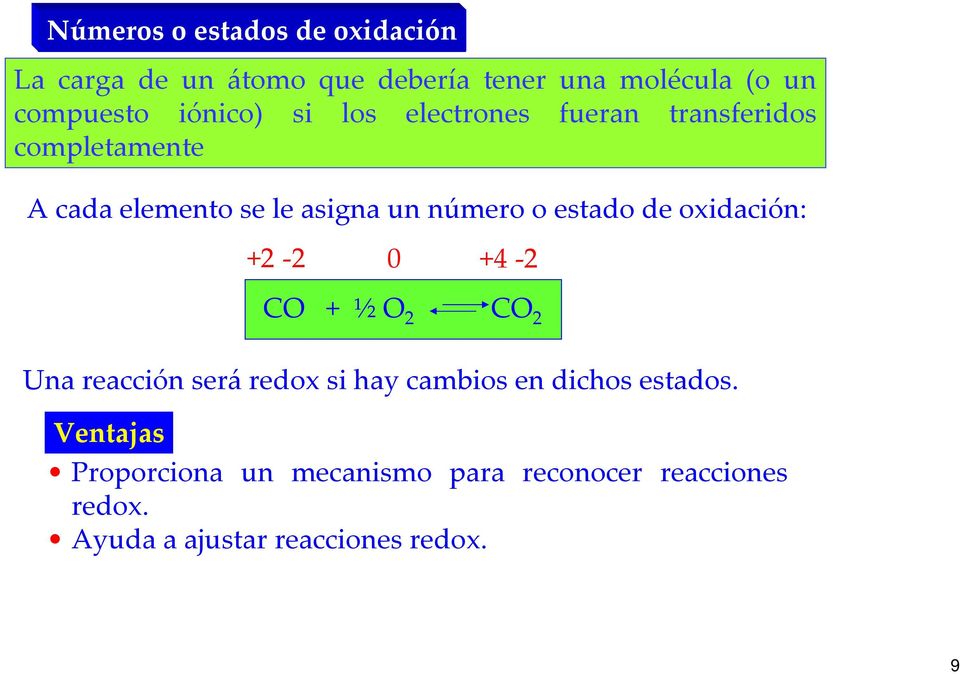 estado de oxidación: +2-2 0 +4-2 CO + ½O 2 CO 2 Una reacción será redox si hay cambios en dichos