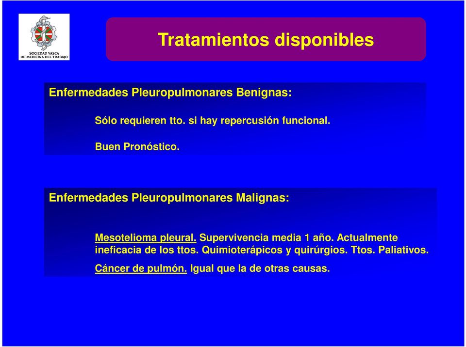 Enfermedades Pleuropulmonares Malignas: Mesotelioma pleural. Supervivencia media 1 año.