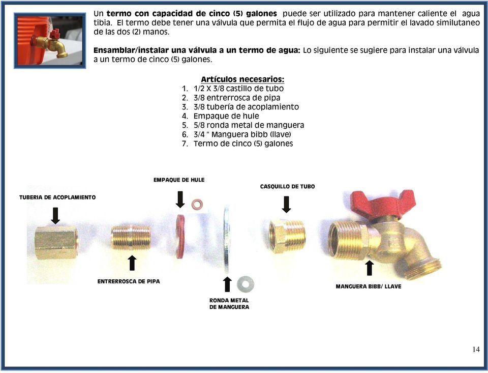 Ensamblar/instalar una válvula a un term de agua: L siguiente se sugiere para instalar una válvula a un term de cinc (5) galnes. Artículs necesaris: 1.