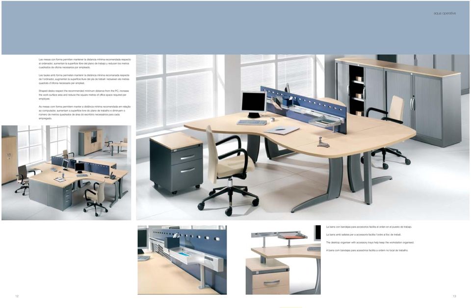 Les taules amb forma permeten mantenir la distància mínima recomanada respecte de l'ordinador, augmenten la superfície lliure del pla de treball i redueixen els metres quadrats d'oficina necessaris
