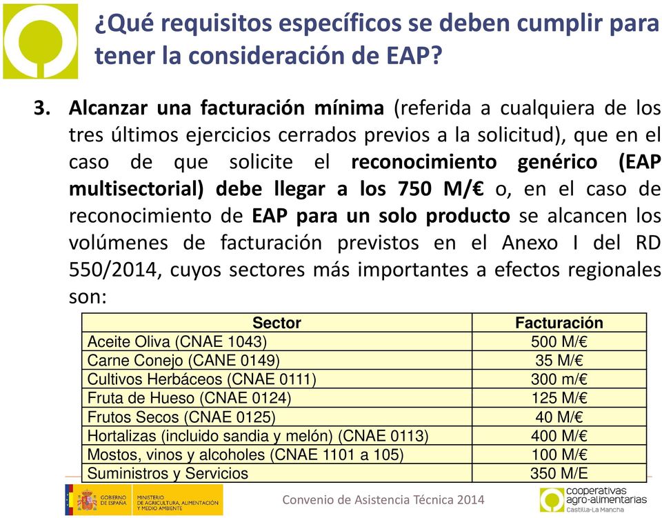 multisectorial) debe llegar a los 750 M/ o, en el caso de reconocimiento de EAP para un solo producto se alcancen los volúmenes de facturación previstos en el Anexo I del RD 550/2014, cuyos sectores