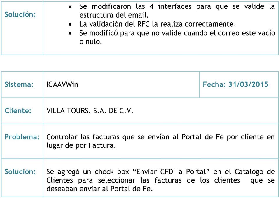 in Fecha: 31/03/2015 VILLA TOURS, S.A. DE C.V. Problema: Controlar las facturas que se envían al Portal de Fe por cliente en lugar de por Factura.
