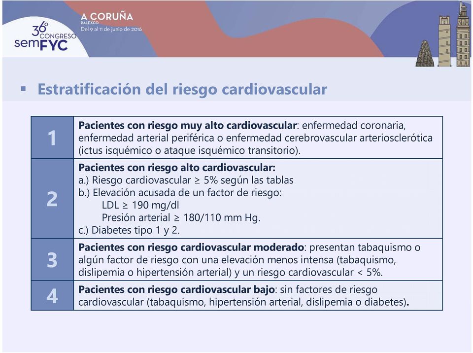 ) Elevación acusada de un factor de riesgo: LDL 190 mg/dl Presión arterial 180/110 mm Hg. c.) Diabetes tipo 1 y 2.