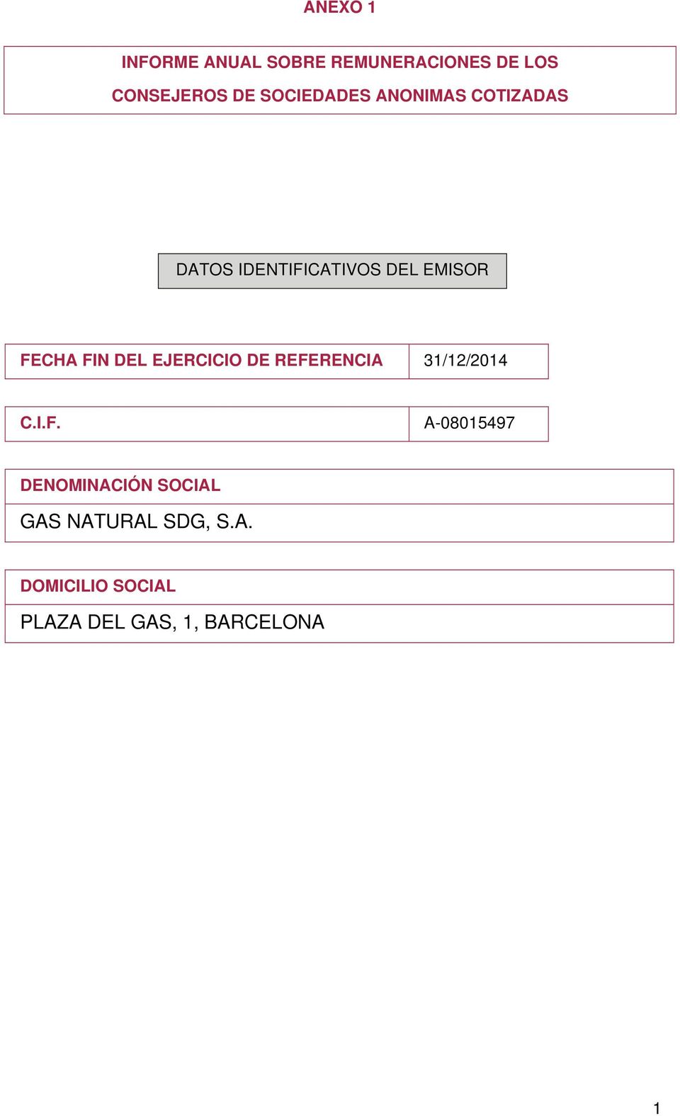 FIN DEL EJERCICIO DE REFERENCIA 31/12/2014 C.I.F. A-08015497 DENOMINACIÓN SOCIAL GAS NATURAL SDG, S.