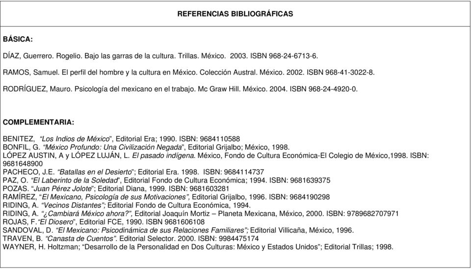 COMPLEMENTARIA: BENITEZ, Los Indios de México, Editorial Era; 1990. ISBN: 9684110588 BONFIL, G. México Profundo: Una Civilización Negada, Editorial Grijalbo; México, 1998.