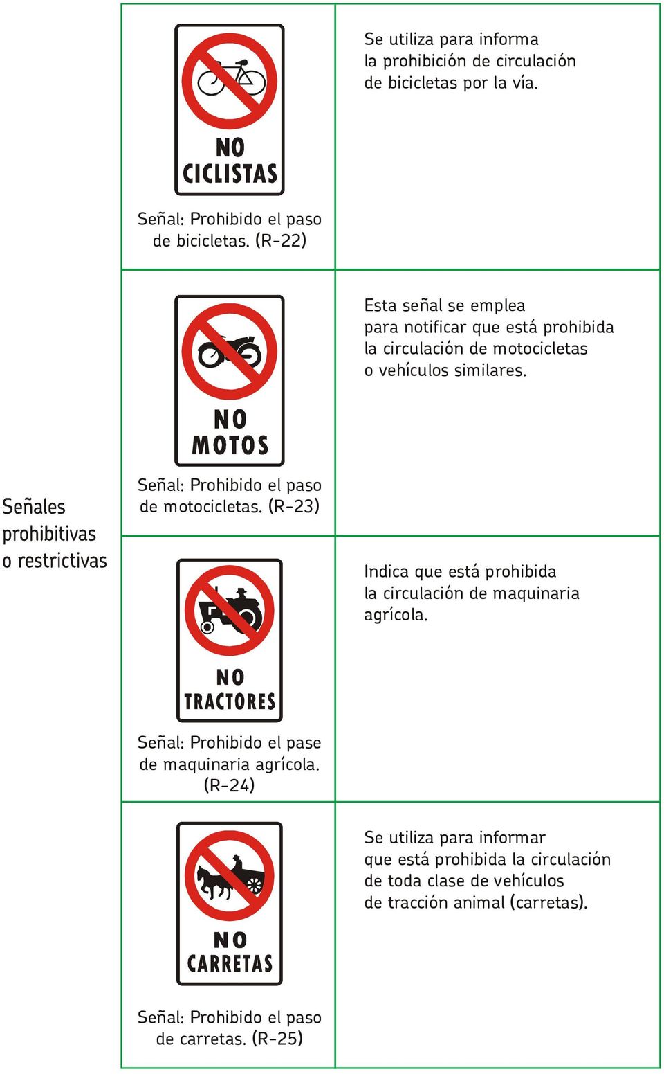 Señal: Prohibido el paso de motocicletas. (R-23) Indica que está prohibida la circulación de maquinaria agrícola.