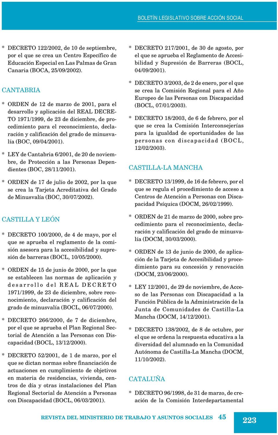 grado de minusvalía (BOC, 09/04/2001). * LEY de Cantabria 6/2001, de 20 de noviembre, de Protección a las Personas Dependientes (BOC, 28/11/2001).