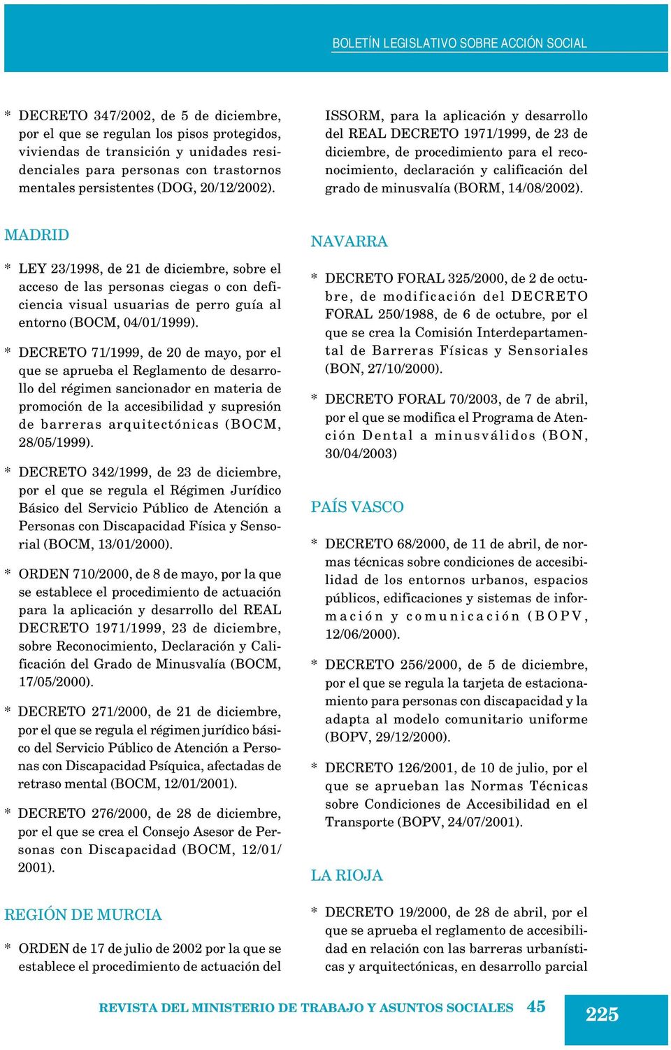 MADRID * LEY 23/1998, de 21 de diciembre, sobre el acceso de las personas ciegas o con deficiencia visual usuarias de perro guía al entorno (BOCM, 04/01/1999).