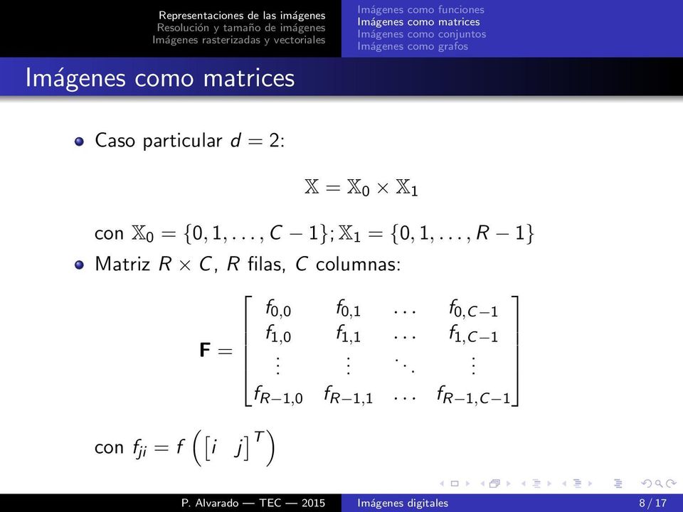 .., R 1} Matriz R C, R filas, C columnas: f 0,0 f 0,1.