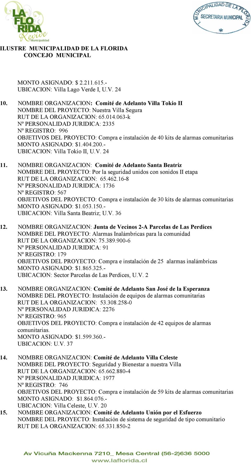 NOMBRE ORGANIZACION: Comité de Adelanto Santa Beatriz NOMBRE DEL PROYECTO: Por la seguridad unidos con sonidos II etapa RUT DE LA ORGANIZACION: 65.462.