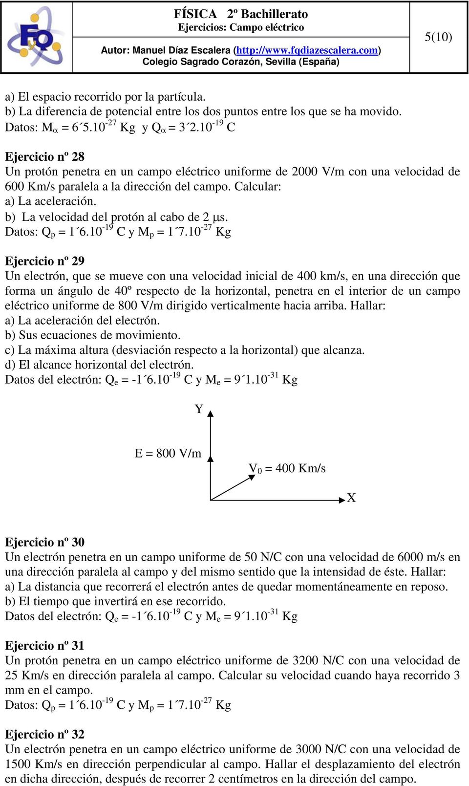 b) La velocidad del protón al cabo de 2 µs. Datos: Q p = 1 6.10-19 C y M p = 1 7.