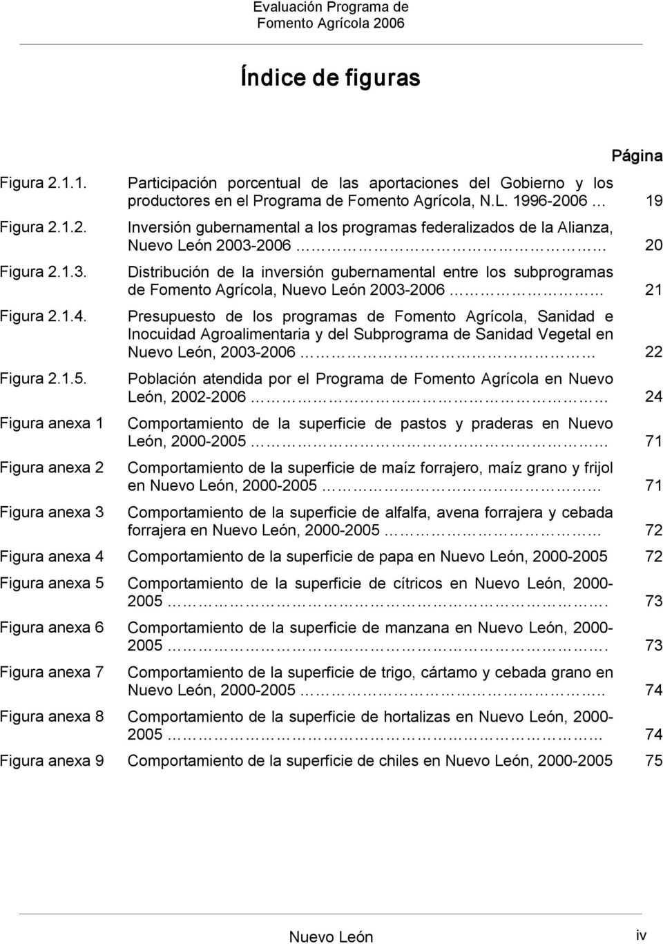 1996 2006 19 Inversión gubernamental a los programas federalizados de la Alianza, Nuevo León 2003 2006 20 Distribución de la inversión gubernamental entre los subprogramas de Fomento Agrícola, Nuevo