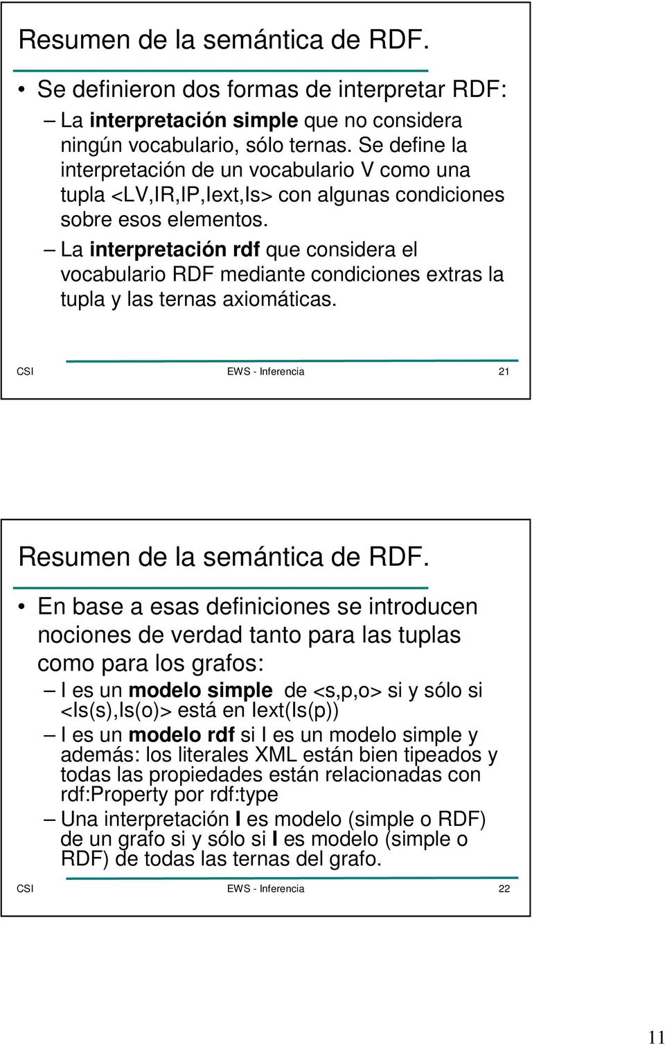 La interpretación rdf que considera el vocabulario RDF mediante condiciones extras la tupla y las ternas axiomáticas. 21 Resumen de la semántica de RDF.
