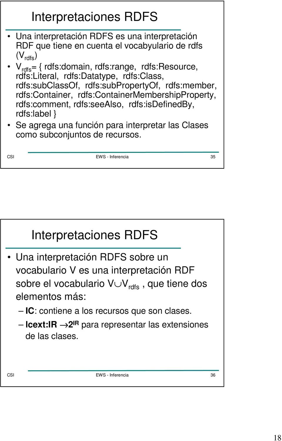 rdfs:isdefinedby, rdfs:label } Se agrega una función para interpretar las Clases como subconjuntos de recursos.