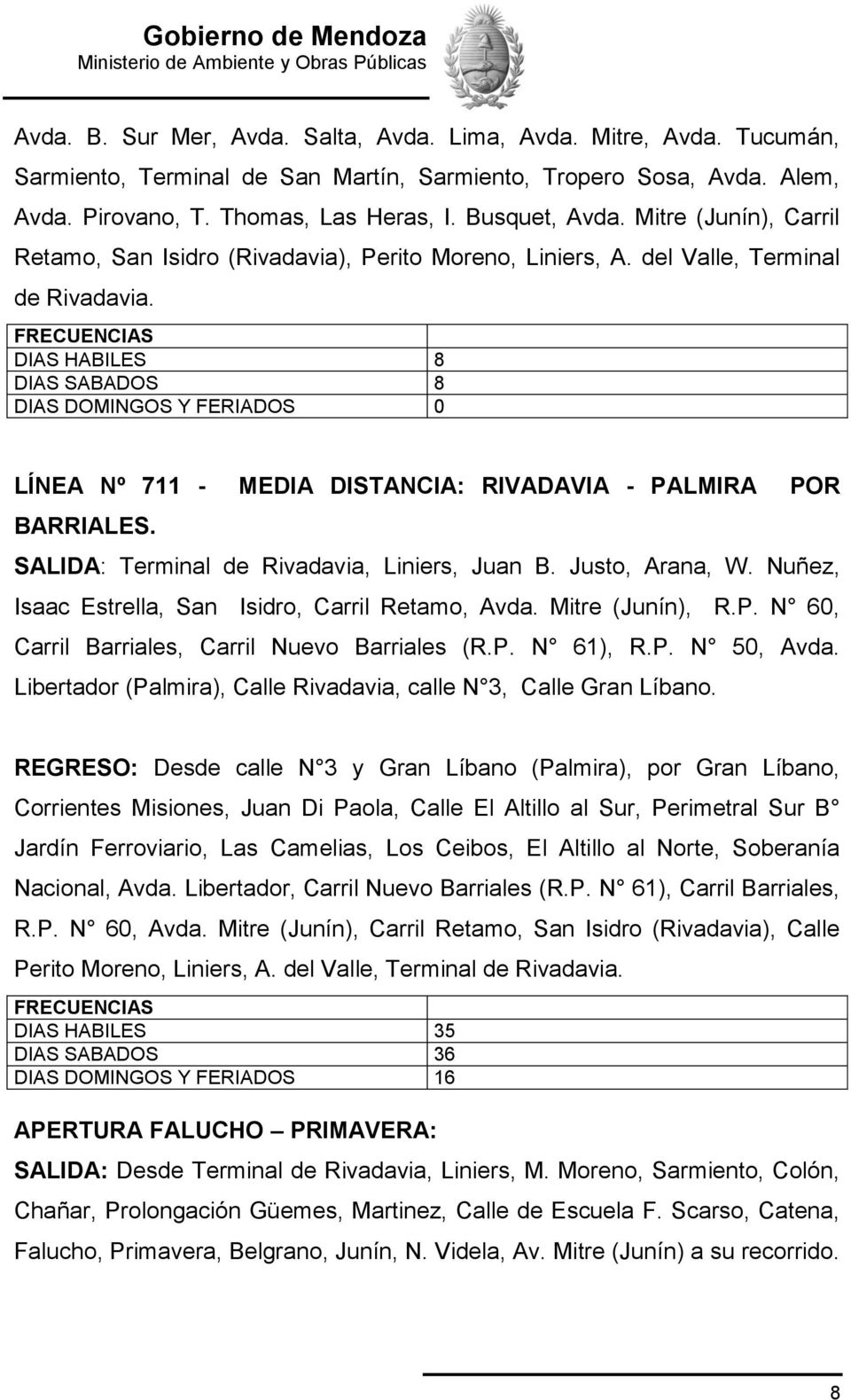 DIAS HABILES 8 DIAS SABADOS 8 DIAS DOMINGOS Y FERIADOS 0 LÍNEA Nº 711 - MEDIA DISTANCIA: RIVADAVIA - PALMIRA POR BARRIALES. SALIDA: Terminal de Rivadavia, Liniers, Juan B. Justo, Arana, W.
