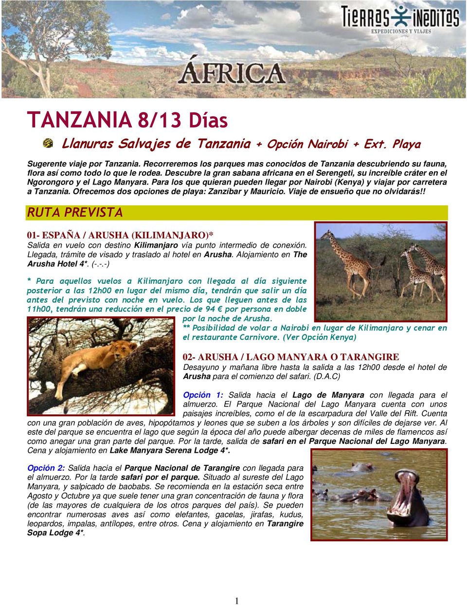 Descubre la gran sabana africana en el Serengeti, su increíble cráter en el Ngorongoro y el Lago Manyara. Para los que quieran pueden llegar por Nairobi (Kenya) y viajar por carretera a Tanzania.