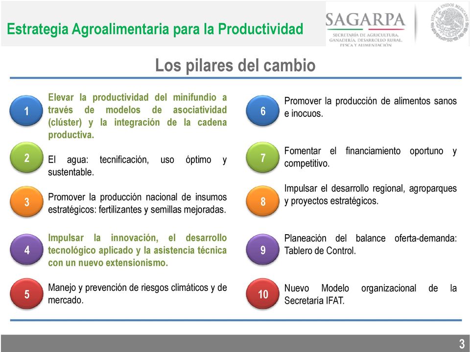 3 Promover la producción nacional de insumos estratégicos: fertilizantes y semillas mejoradas. 8 Impulsar el desarrollo regional, agroparques y proyectos estratégicos.