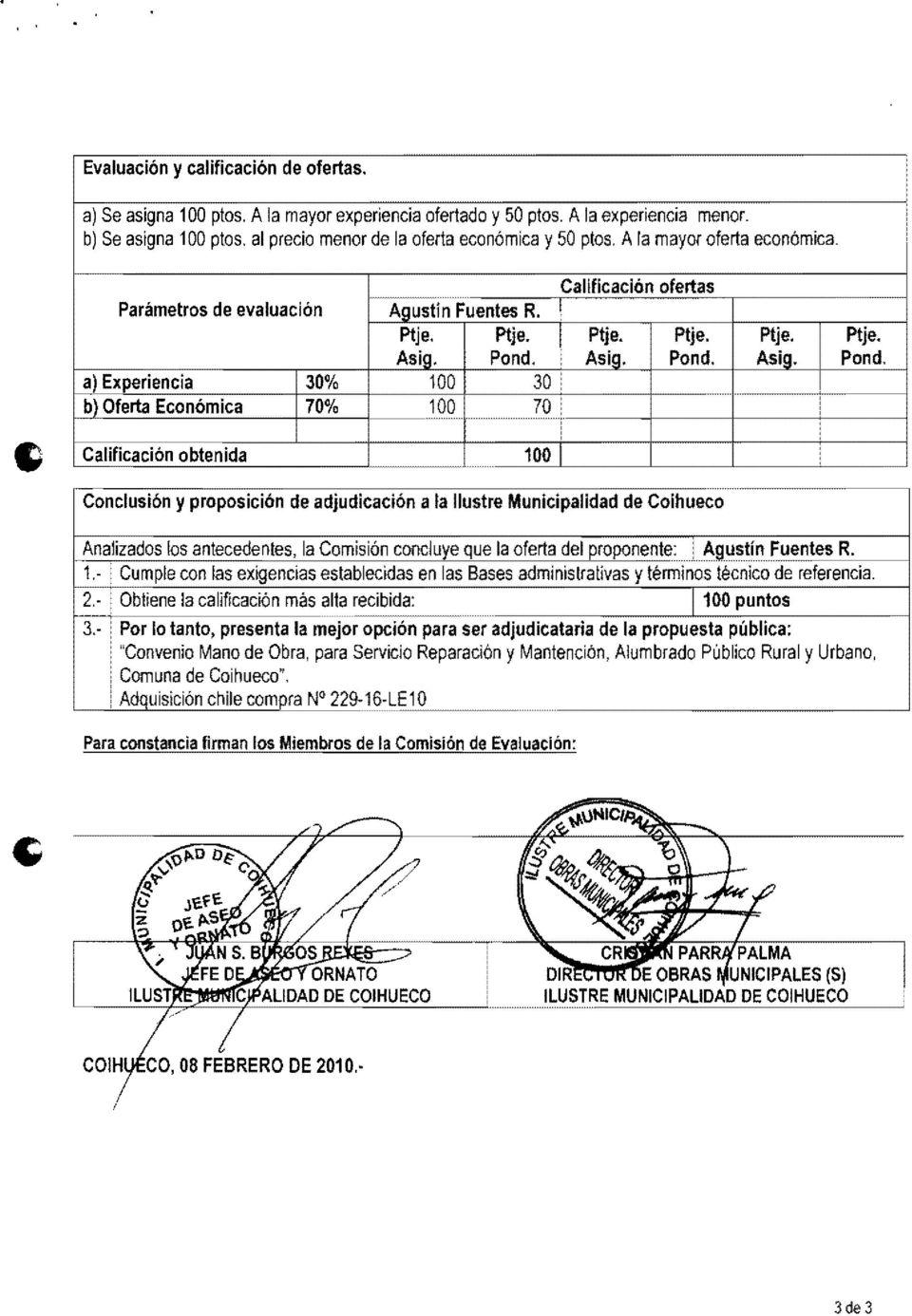 Pondo 100 100 Calificación ofertas 1 A;ig. D, ".. 30 70 ~ Conclusión y proposición de adjudicación a la lustre Municipalidad de Coihueco Ptje.