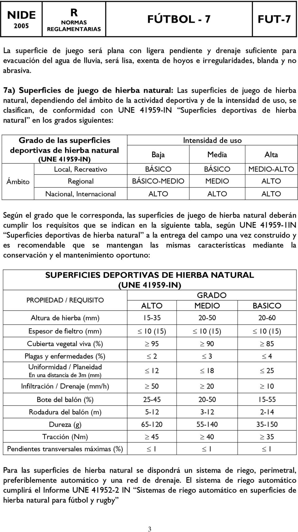 UNE 41959-IN Superficies deportivas de hierba natural en los grados siguientes: Grado de las superficies Intensidad de uso deportivas de hierba natural (UNE 41959-IN) Baja Media Alta Local, ecreativo