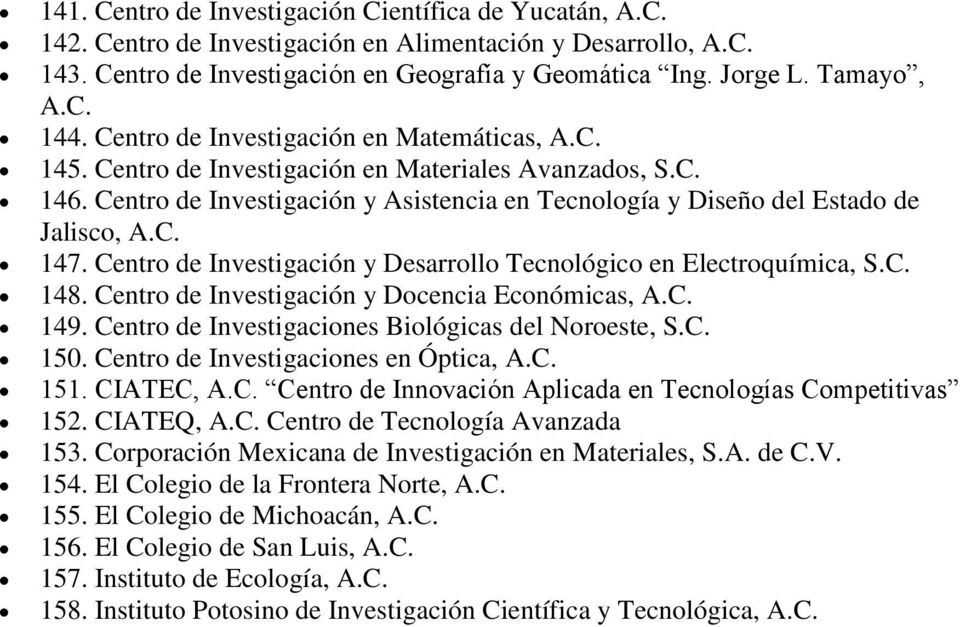 Centro de Investigación y Asistencia en Tecnología y Diseño del Estado de Jalisco, A.C. 147. Centro de Investigación y Desarrollo Tecnológico en Electroquímica, S.C. 148.