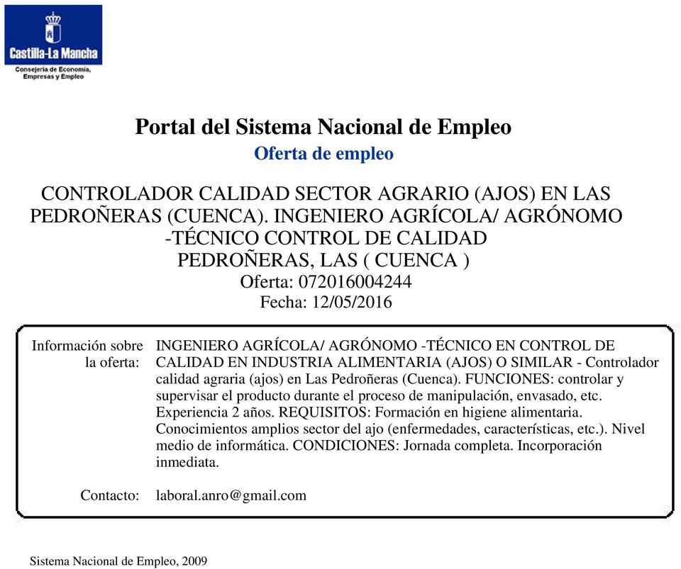 CALIDAD EN INDUSTRIA ALIMENTARIA (AJOS) O SIMILAR - Controlador calidad agraria (ajos) en Las Pedroñeras (Cuenca).