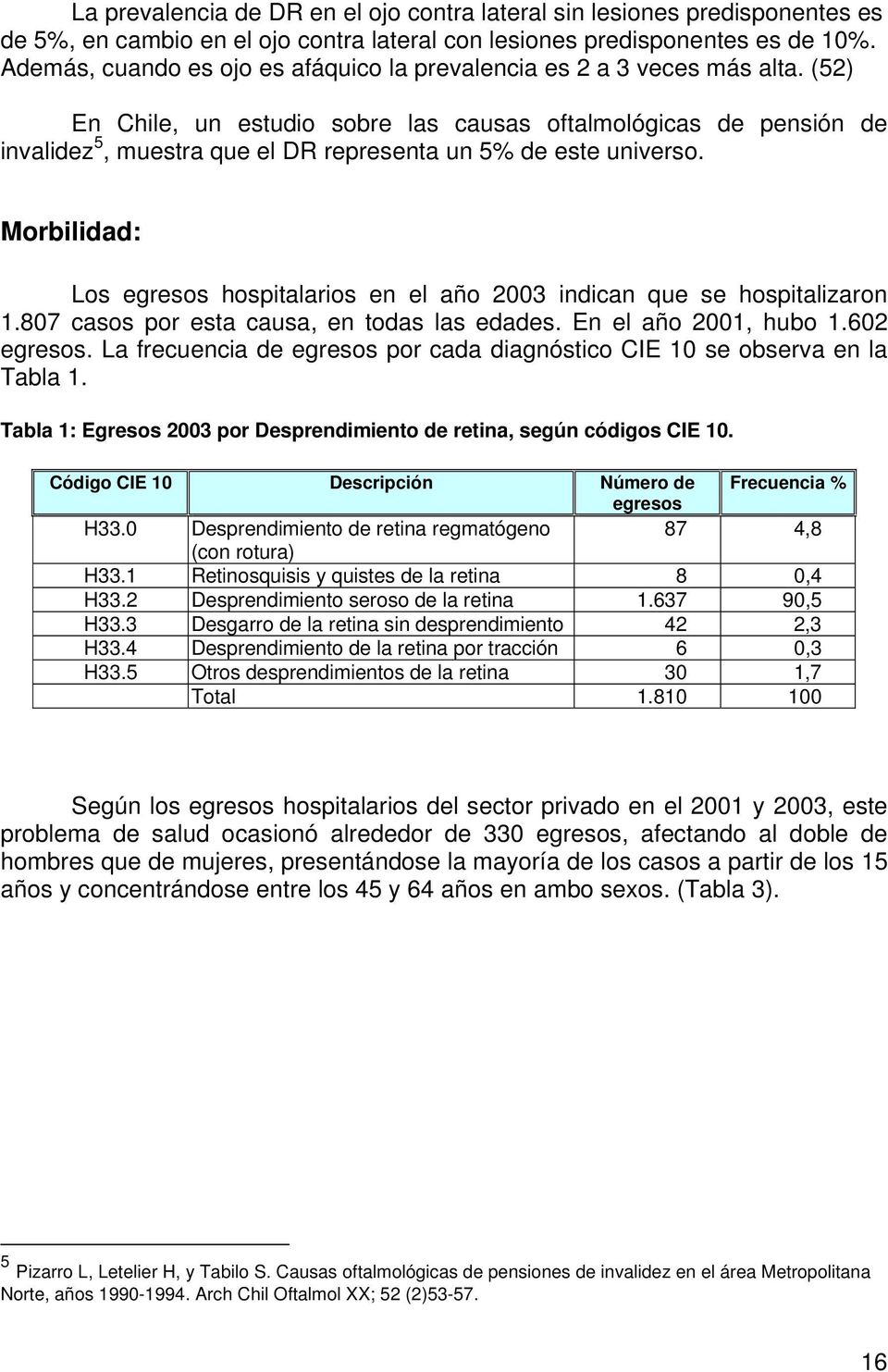 (52) En Chile, un estudio sobre las causas oftalmológicas de pensión de invalidez 5, muestra que el DR representa un 5% de este universo.
