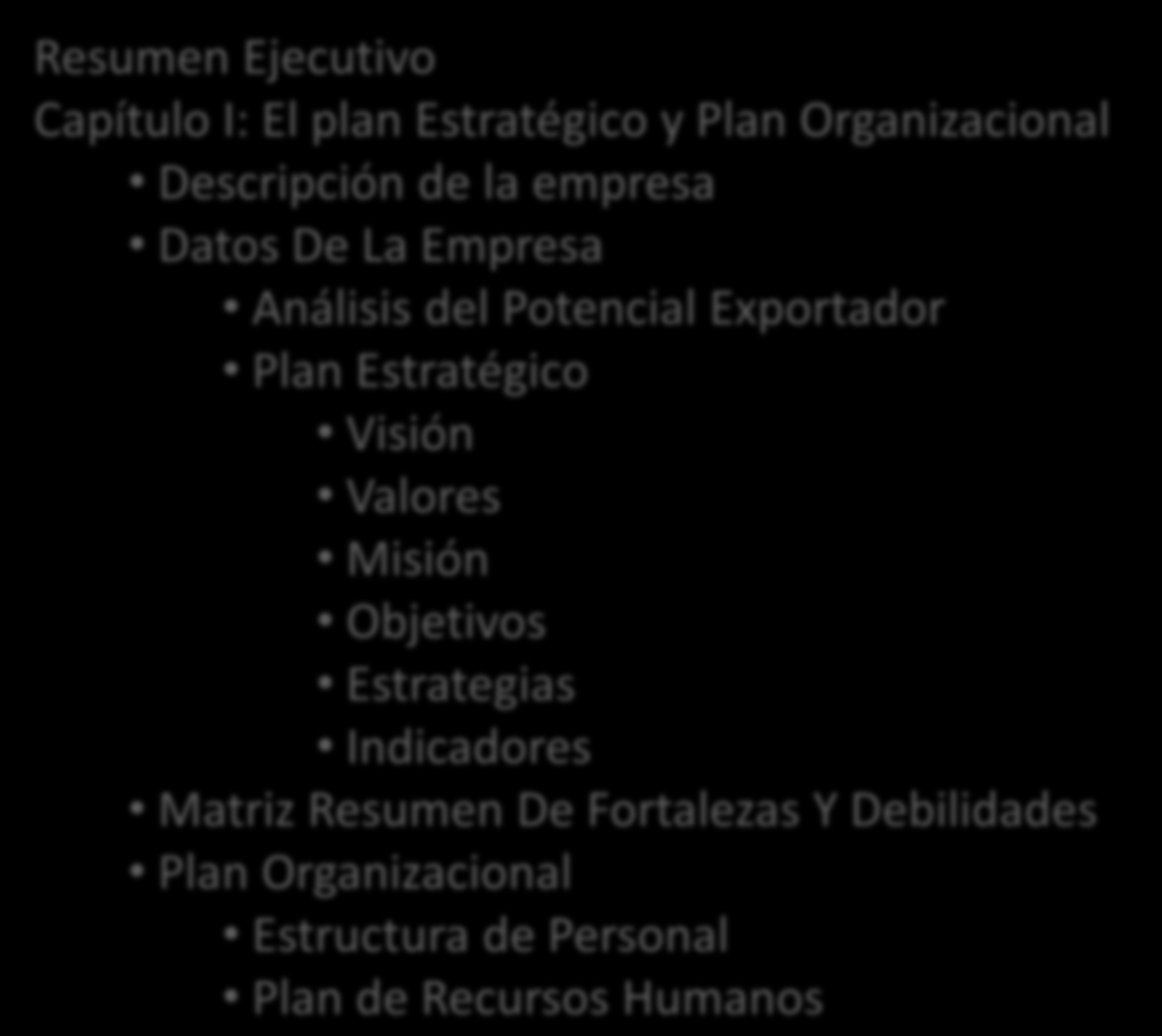 Estructura del Plan de Negocio Exportador Servicios al exportador Resumen Ejecutivo Capítulo I: El plan Estratégico y Plan Organizacional Descripción de la empresa Datos De La Empresa Análisis del