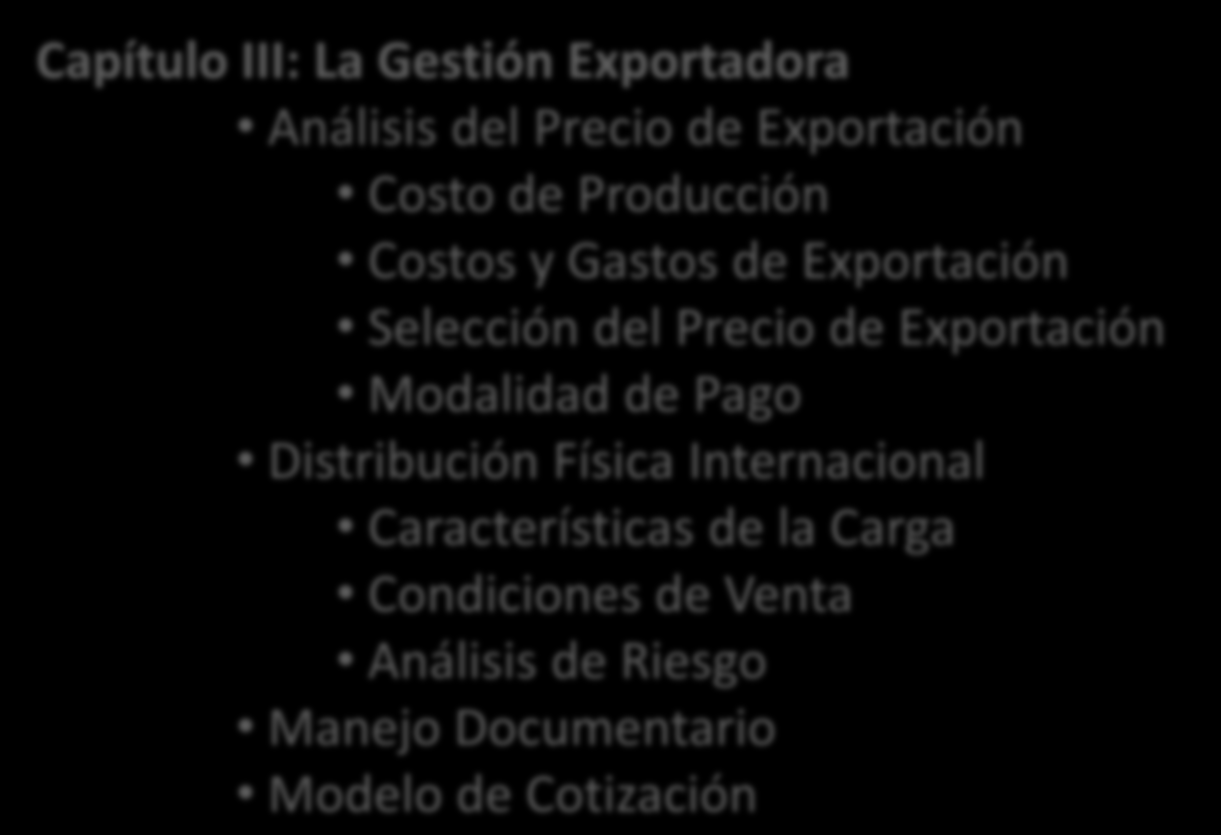 Estructura del Plan de Negocio Exportador Servicios al exportador Capítulo III: La Gestión Exportadora Análisis del Precio de Exportación Costo de Producción Costos y Gastos de Exportación Selección