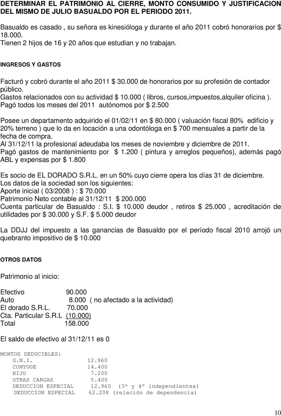 INGRESOS Y GASTOS Facturó y cobró durante el año 2011 $ 30.000 de honorarios por su profesión de contador público. Gastos relacionados con su actividad $ 10.