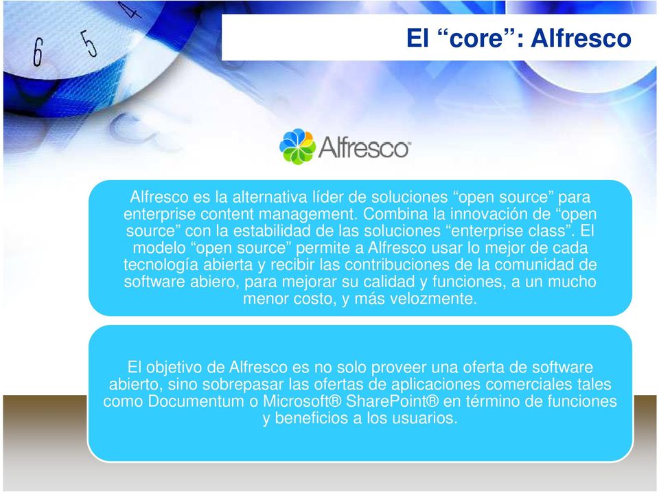 El modelo open source permite a Alfresco usar lo mejor de cada tecnología abierta y recibir las contribuciones de la comunidad de software abiero, para mejorar su