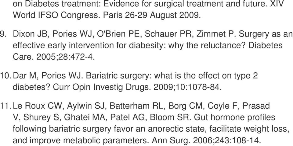 Dar M, Pories WJ. Bariatric surgery: what is the effect on type 2 diabetes? Curr Opin Investig Drugs. 2009;10:1078-84. 11.