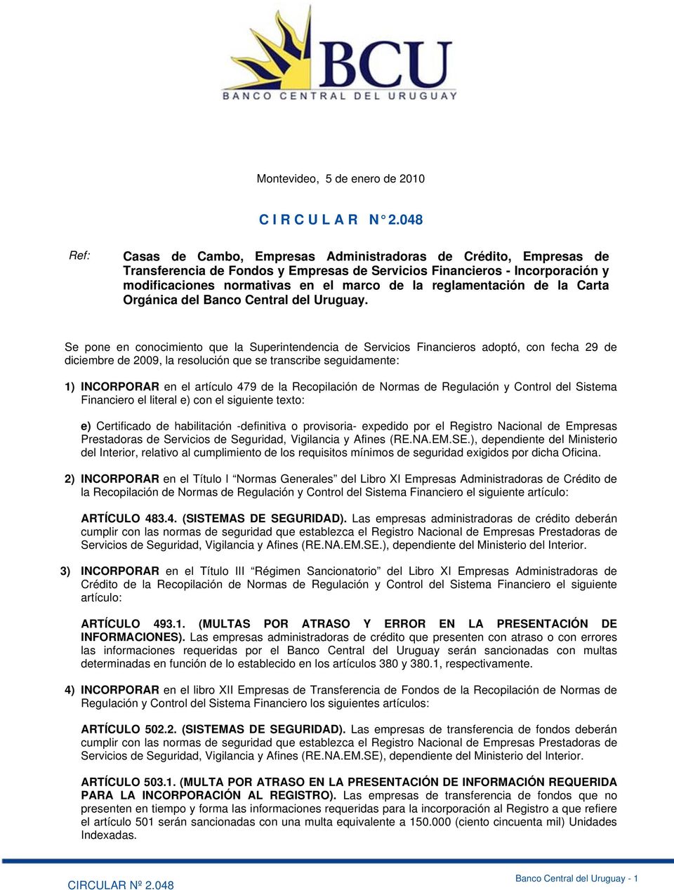 reglamentación de la Carta Orgánica del Banco Central del Uruguay.