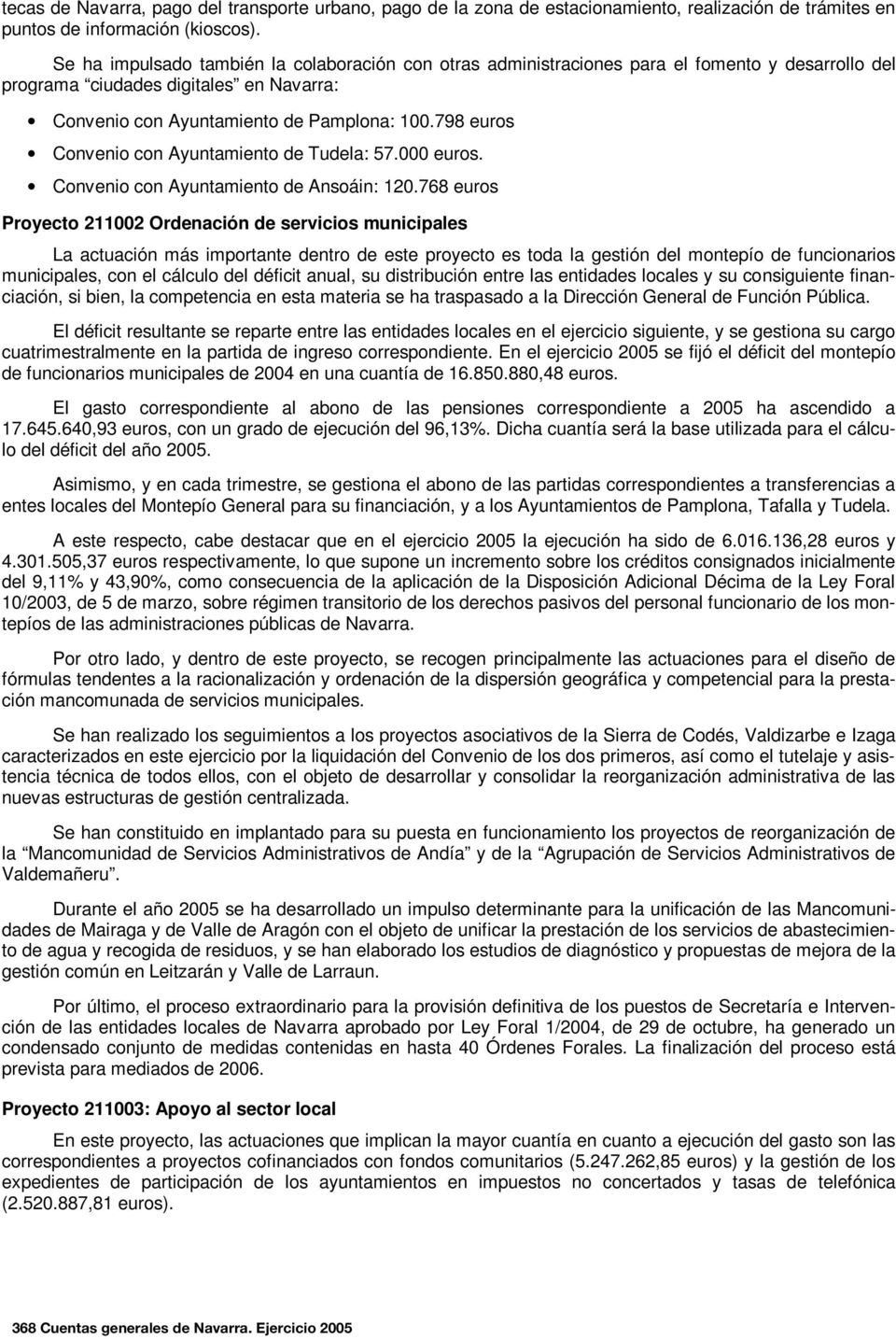 798 euros Convenio con Ayuntamiento de Tudela: 57.000 euros. Convenio con Ayuntamiento de Ansoáin: 120.