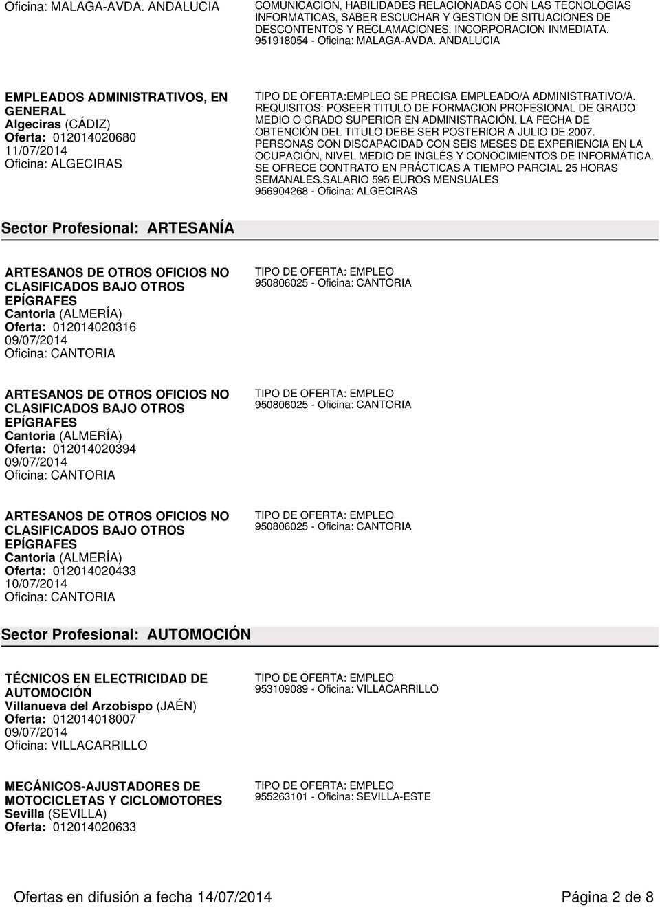 ANDALUCIA EMPLEADOS ADMINISTRATIVOS, EN Algeciras (CÁDIZ) Oferta: 012014020680 Oficina: ALGECIRAS TIPO DE OFERTA:EMPLEO SE PRECISA EMPLEADO/A ADMINISTRATIVO/A.