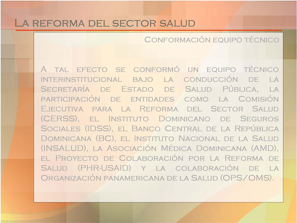 Dominicano de Seguros Sociales (IDSS), el Banco Central de la República Dominicana (BC), el Instituto Nacional de la Salud (INSALUD), la Asociación