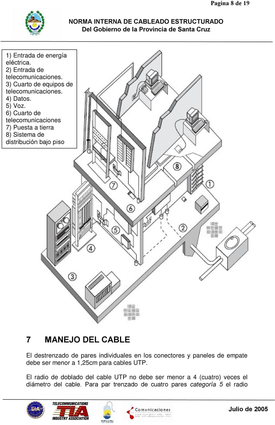 6) Cuarto de telecomunicaciones 7) Puesta a tierra 8) Sistema de distribución bajo piso 7 MANEJO DEL CABLE El destrenzado de