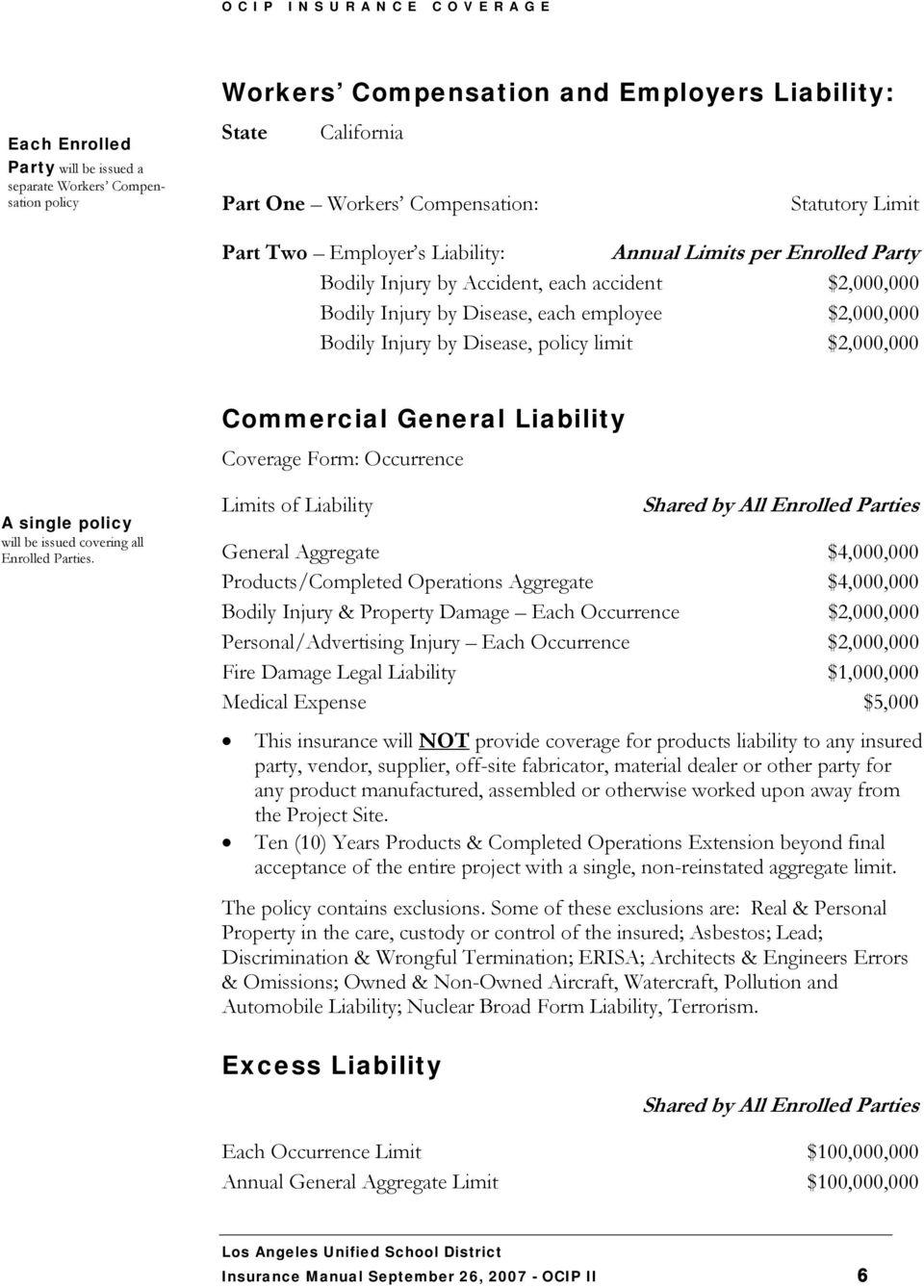 Disease, policy limit $2,000,000 Commercial General Liability Coverage Form: Occurrence Limits of Liability Shared by All Enrolled Parties A single policy will be issued covering all Enrolled Parties.
