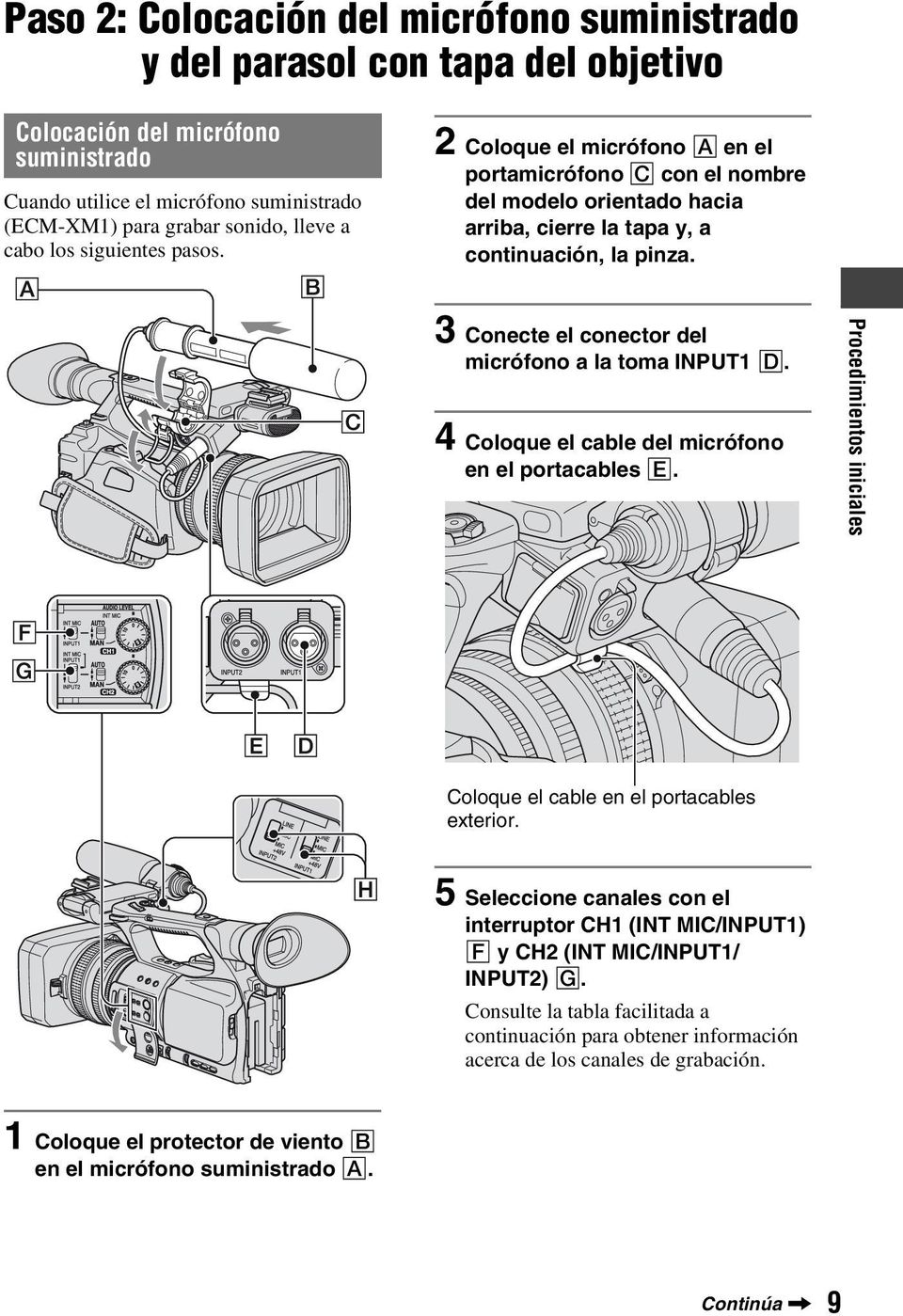 3 Conecte el conector del micrófono a la toma INPUT1 D. 4 Coloque el cable del micrófono en el portacables E. Procedimientos iniciales Coloque el cable en el portacables exterior.
